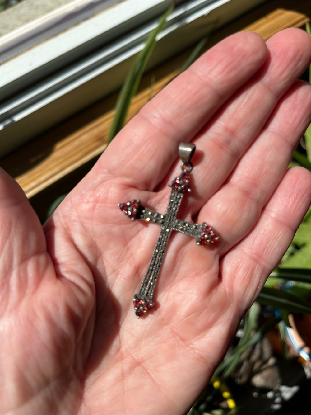 Vtg 925 Sterling Silver Cross Pendant Red Garnet & Marcasite 2” Religious